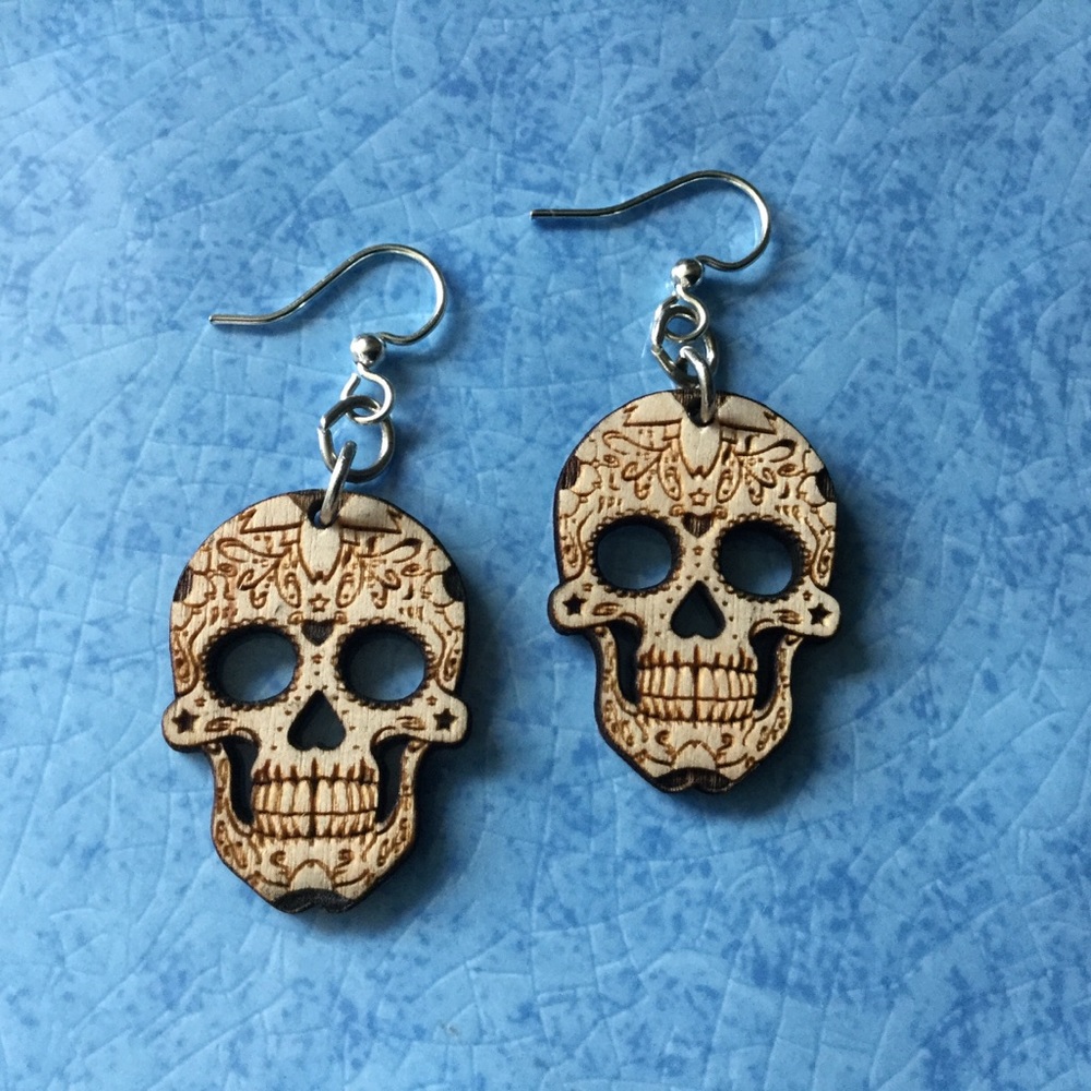 Wooden Sugar Skull Earrings Day of Dead - Picture 3 of 5